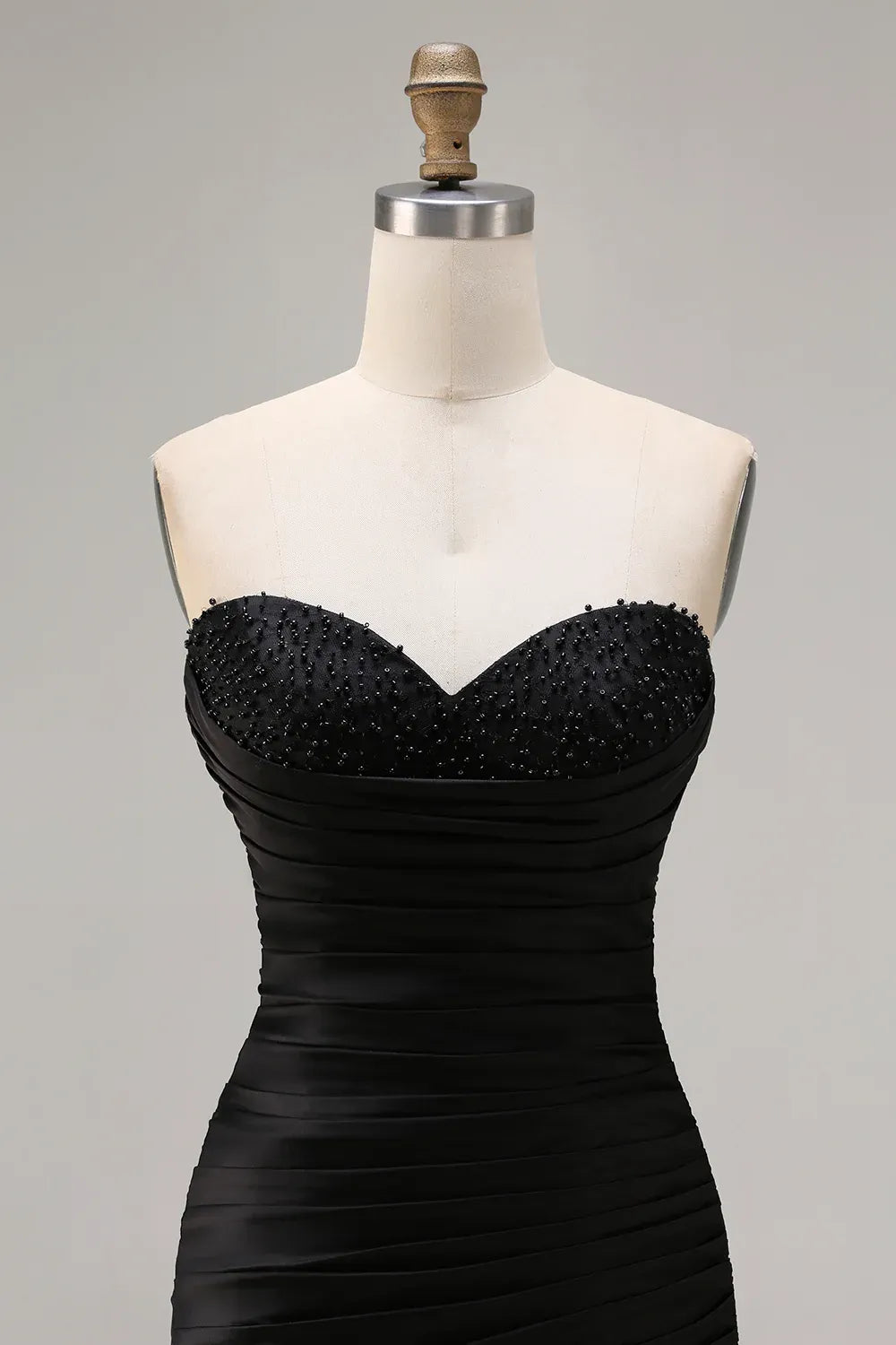 Glamorous Mermaid Strapless Beaded Ruched Tiered Ruffle Black Maxi Prom Dress