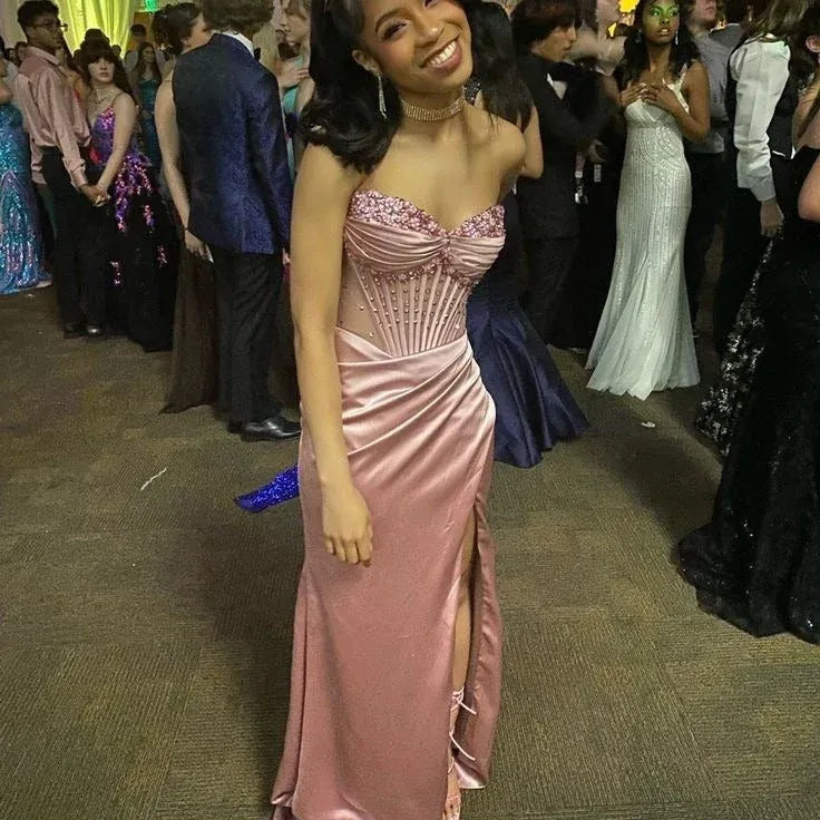 Glamorous Mermaid Strapless Beaded Satin Blush Floor-Length Prom Dress for Women
