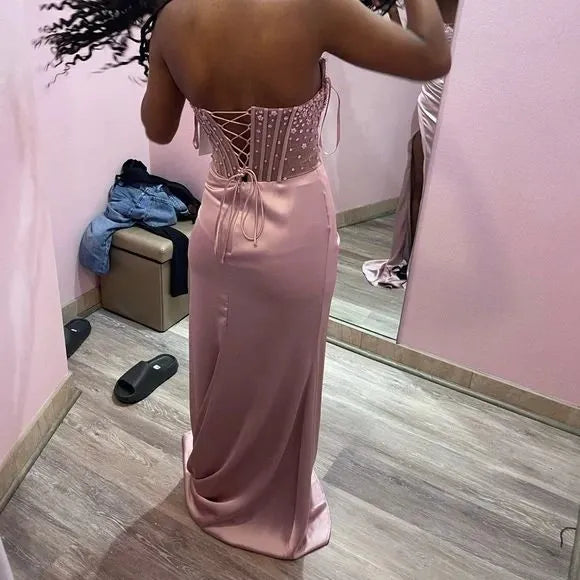 Glamorous Mermaid Strapless Beaded Satin Blush Floor-Length Prom Dress for Women