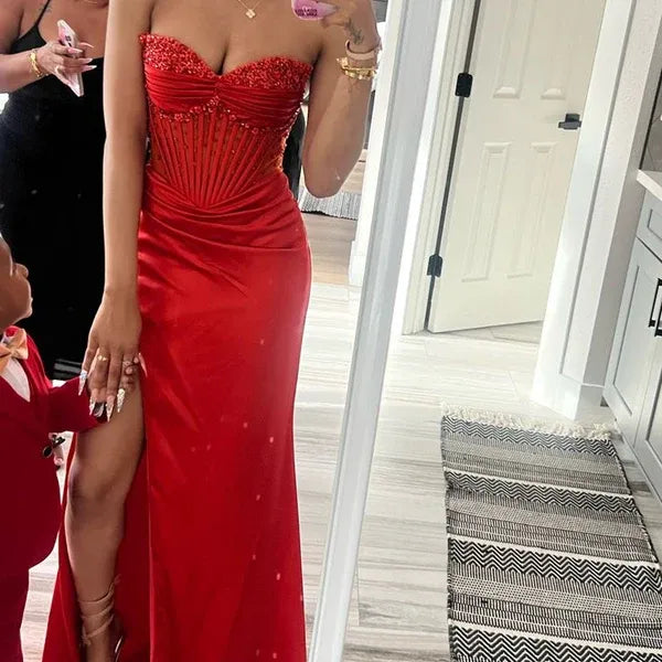 Glamorous Mermaid Strapless Beaded Satin Blush Floor-Length Prom Dress for Women