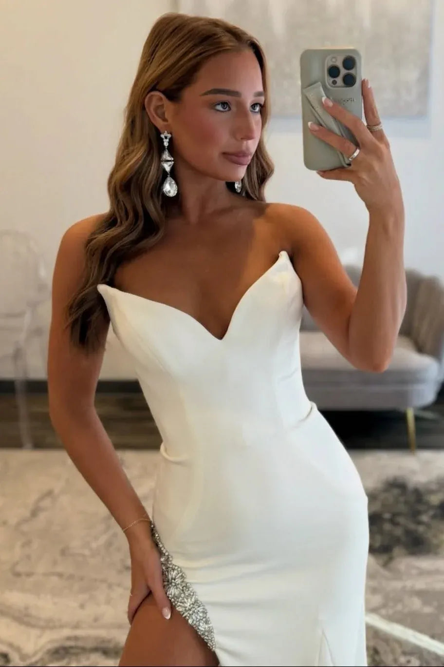 Glamorous Mermaid Strapless Beaded Slit White Floor Length Prom Dress