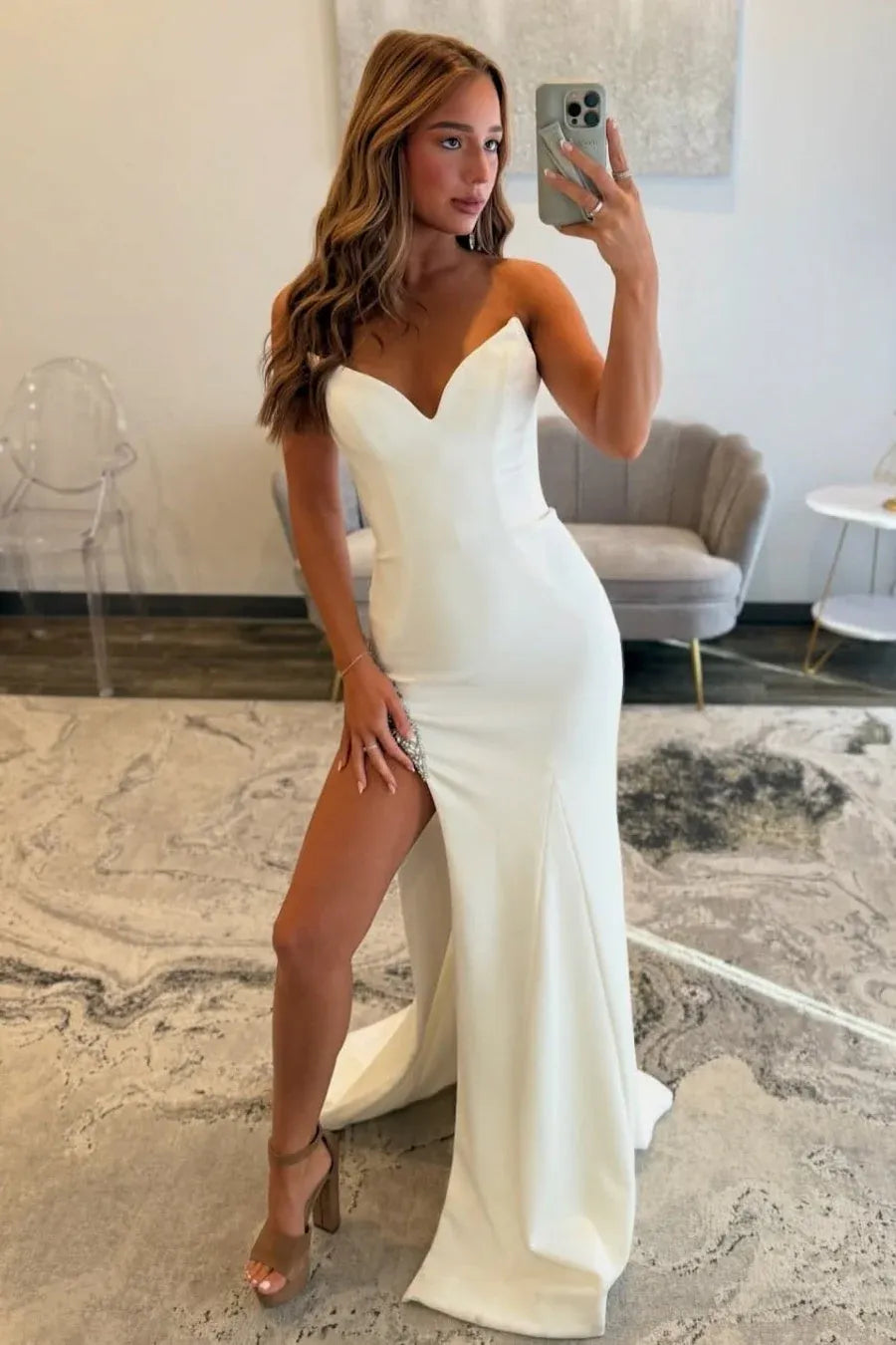 Glamorous Mermaid Strapless Beaded Slit White Floor Length Prom Dress