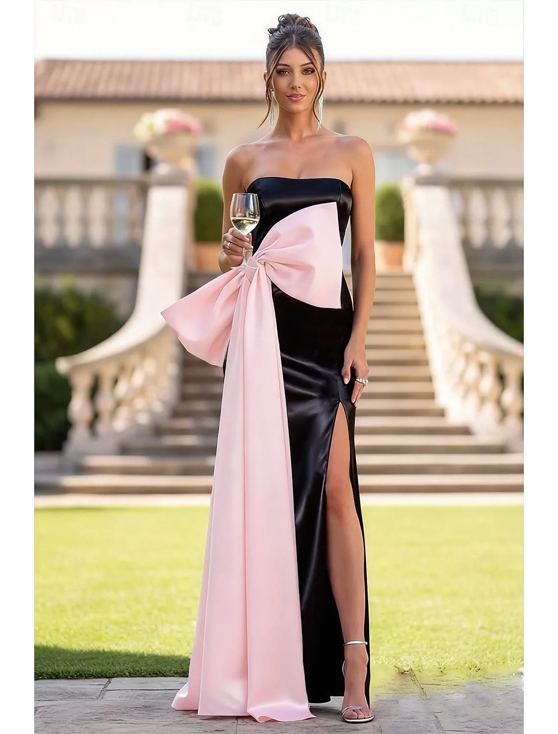 Glamorous Mermaid Strapless Bow Satin Black Floor Length Prom Dress With Slit