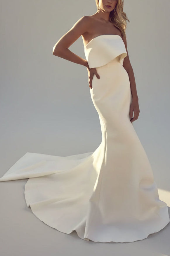 Glamorous Mermaid Strapless Bow White Floor-Length Wedding Dresses