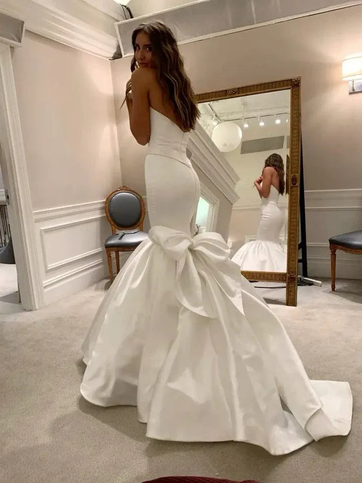 Glamorous Mermaid Strapless Bow White Train Wedding Dress For Bride For Sale