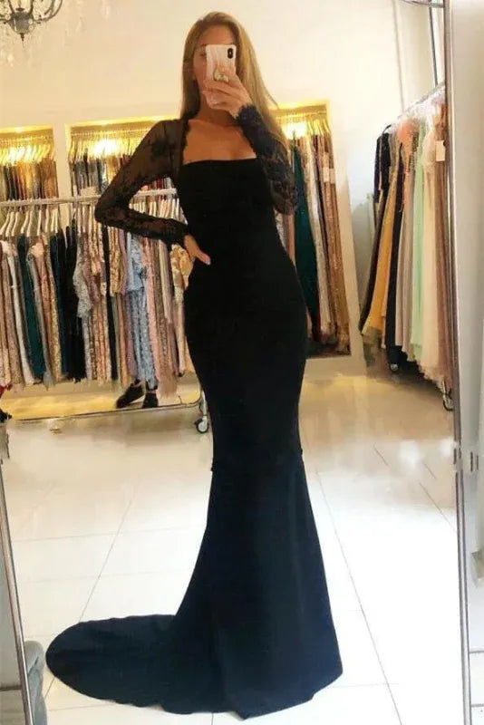 Glamorous Mermaid Strapless Lace Sleeve Bow Back Black Train Prom Dress For Ladies Hot Sale
