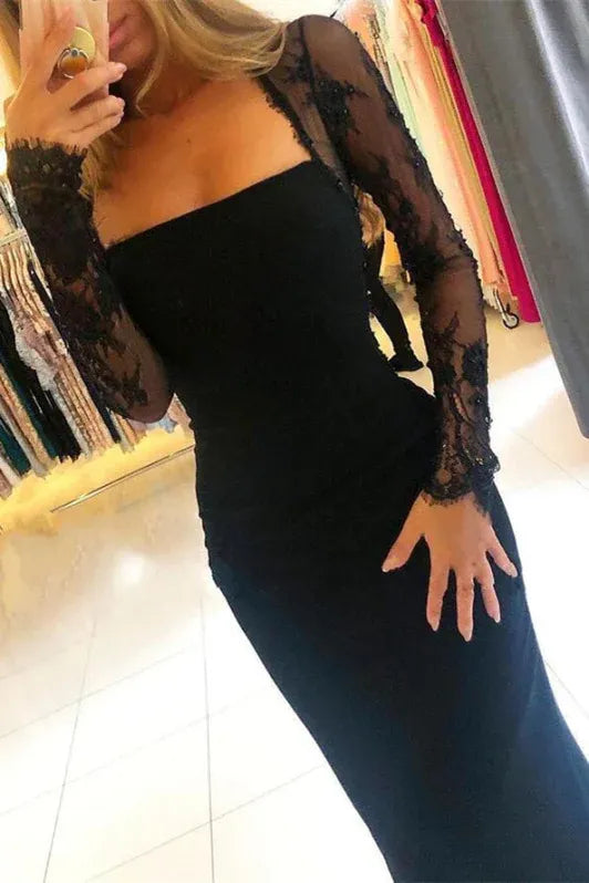 Glamorous Mermaid Strapless Lace Sleeve Bow Back Black Train Prom Dress For Ladies Hot Sale