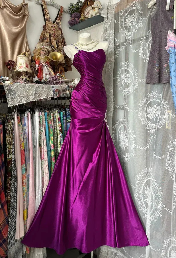 Glamorous Mermaid Strapless Ruched Magenta Maxi Prom Dress for Women ready to ship