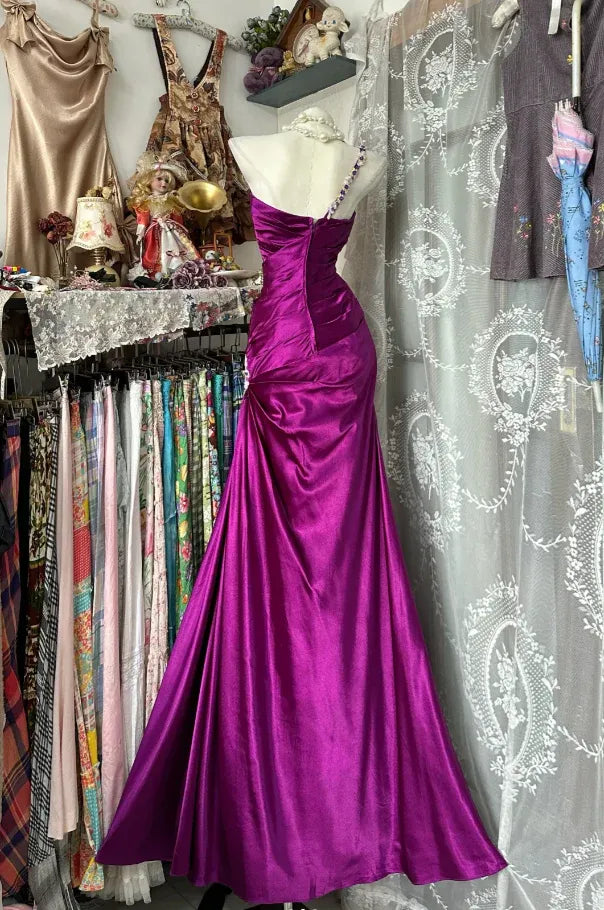 Glamorous Mermaid Strapless Ruched Magenta Maxi Prom Dress for Women ready to ship