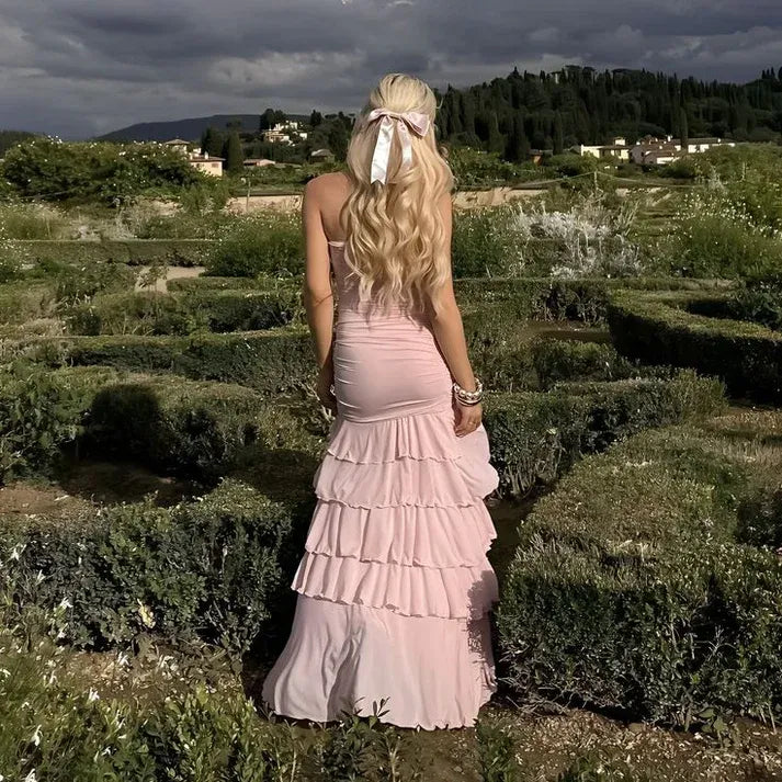 Glamorous Mermaid Strapless Ruched Ruffled Blush Floor-Length Prom Dresses