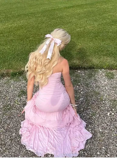 Glamorous Mermaid Strapless Ruched Ruffled Blush Floor-Length Prom Dresses