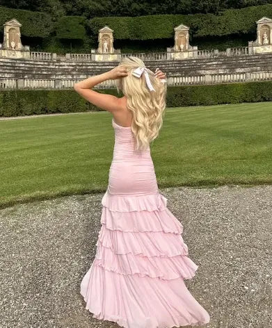Glamorous Mermaid Strapless Ruched Ruffled Blush Floor-Length Prom Dresses
