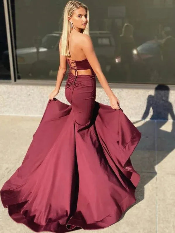 Glamorous Mermaid Strapless Satin Slit Burgundy Train Prom Dress For Women