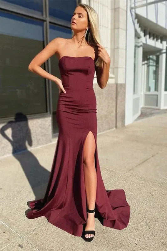 Glamorous Mermaid Strapless Satin Slit Burgundy Train Prom Dress For Women