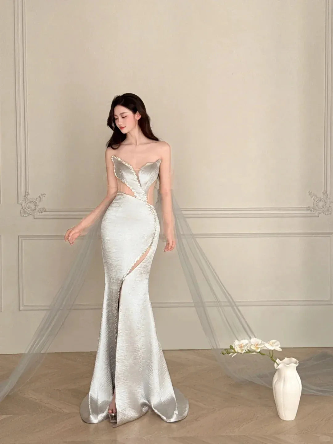 Glamorous Mermaid Strapless Sleeveless Beaded Shimmer Satin Silver Maxi Evening Dress