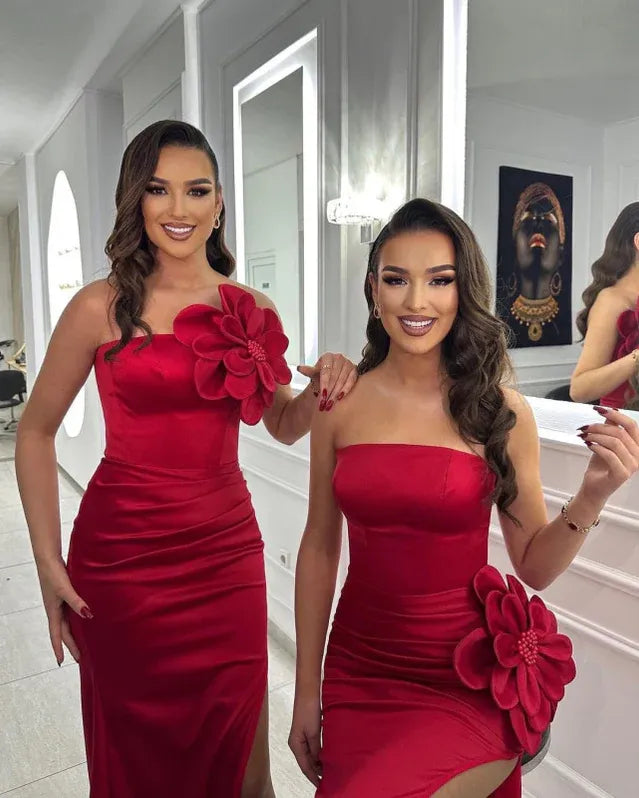 Glamorous Mermaid Strapless Sleeveless Floral-appliqued Red Floor-length Prom Dress for Women Hot Sale