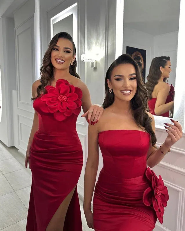 Glamorous Mermaid Strapless Sleeveless Floral-appliqued Red Floor-length Prom Dress for Women Hot Sale