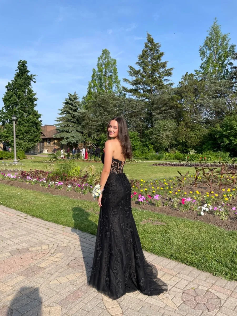 Glamorous Mermaid Strapless Sleeveless Lace Black Maxi Prom Dress for Women Hot Sale