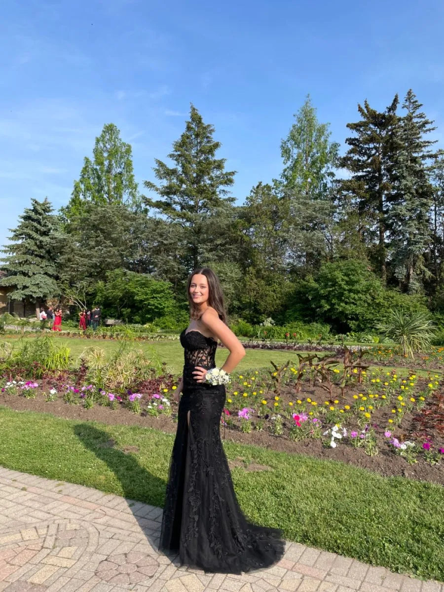 Glamorous Mermaid Strapless Sleeveless Lace Black Maxi Prom Dress for Women Hot Sale