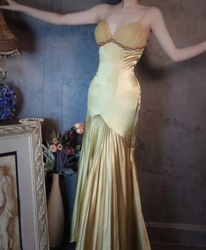 Glamorous Mermaid Sweetheart-Neck Sleeveless Beaded Gold Maxi Prom Dress for Women Custom