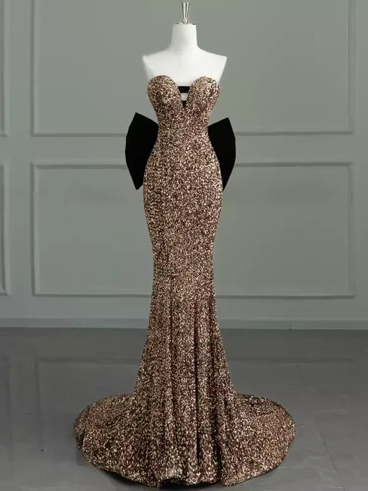 Glamorous Mermaid Sweetheart-Neck Sleeveless Bow-Accented Gold-Sequin Maxi Prom Dress for Women hot sale