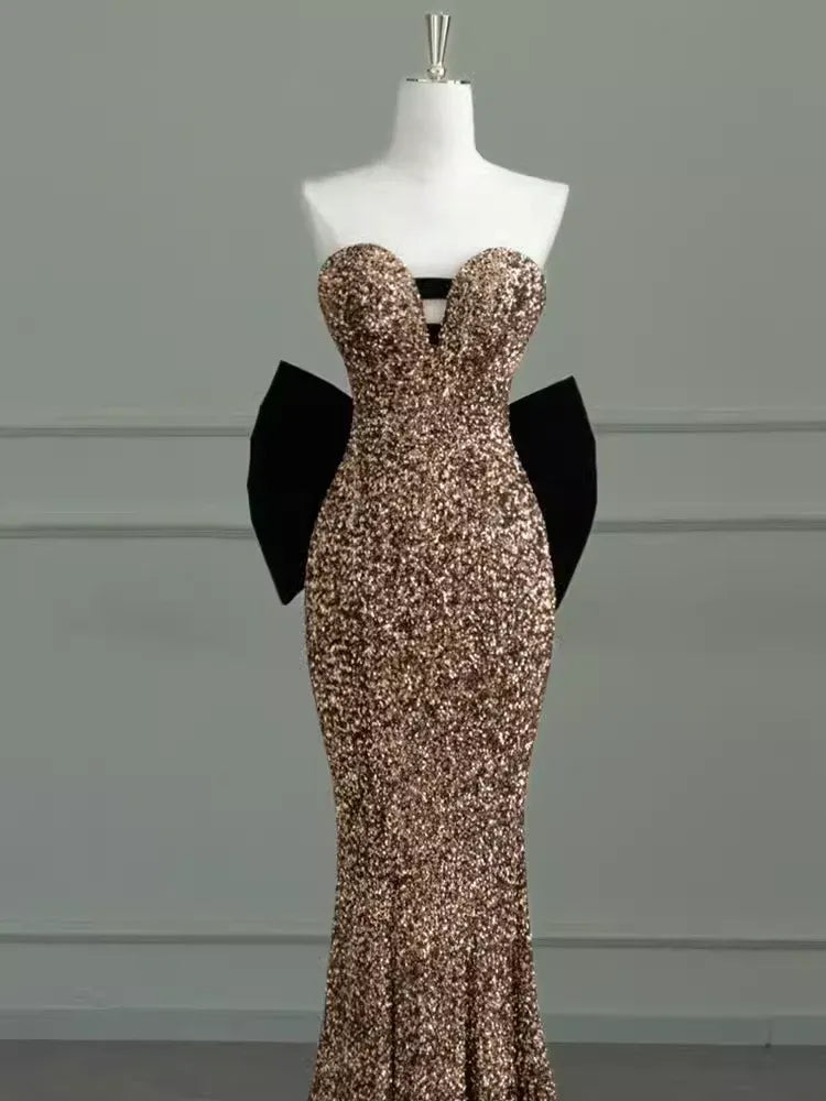 Glamorous Mermaid Sweetheart-Neck Sleeveless Bow-Accented Gold-Sequin Maxi Prom Dress for Women hot sale