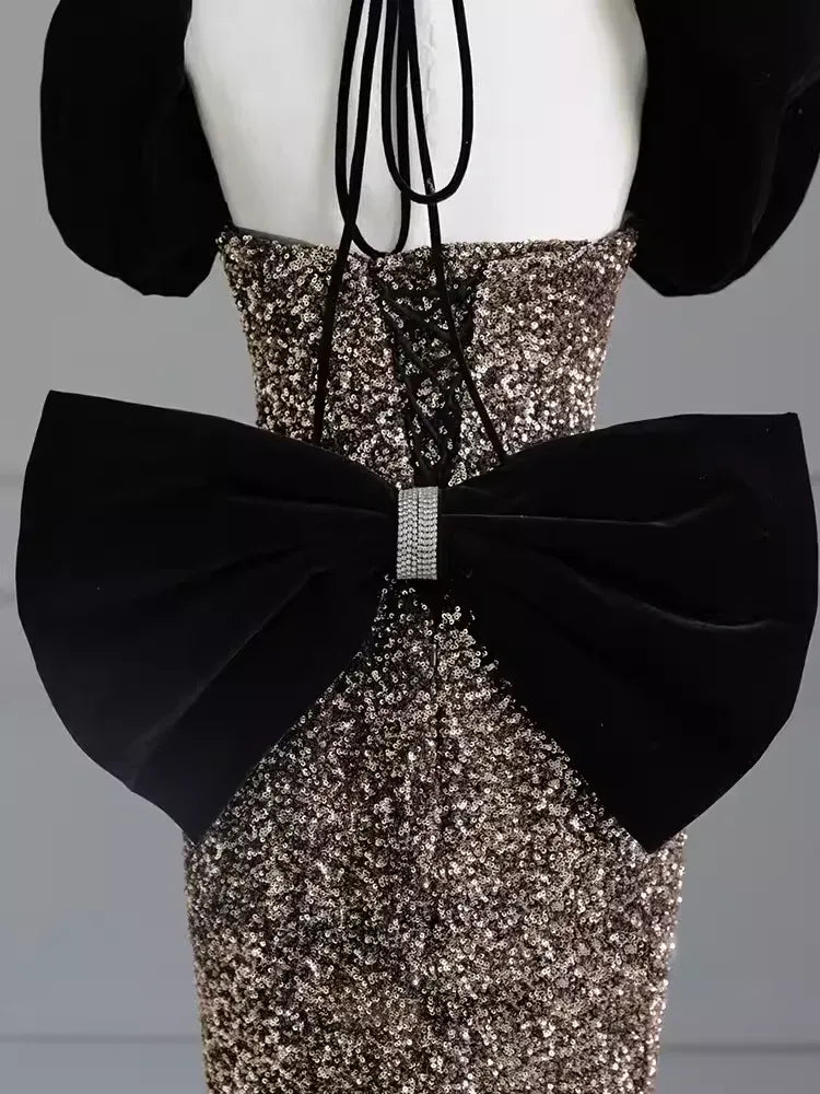 Glamorous Mermaid Sweetheart-Neck Sleeveless Bow-Accented Gold-Sequin Maxi Prom Dress for Women hot sale