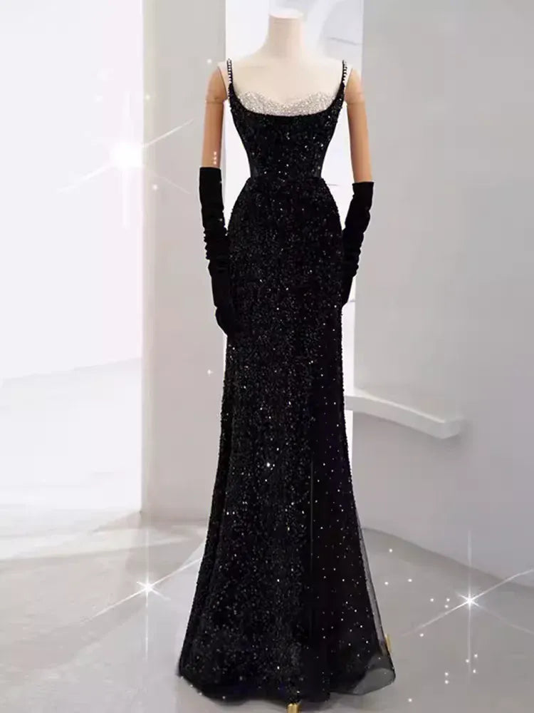 Glamorous Mermaid Sweetheart-Neck Sleeveless Sequin Black Maxi Evening Dress for Women