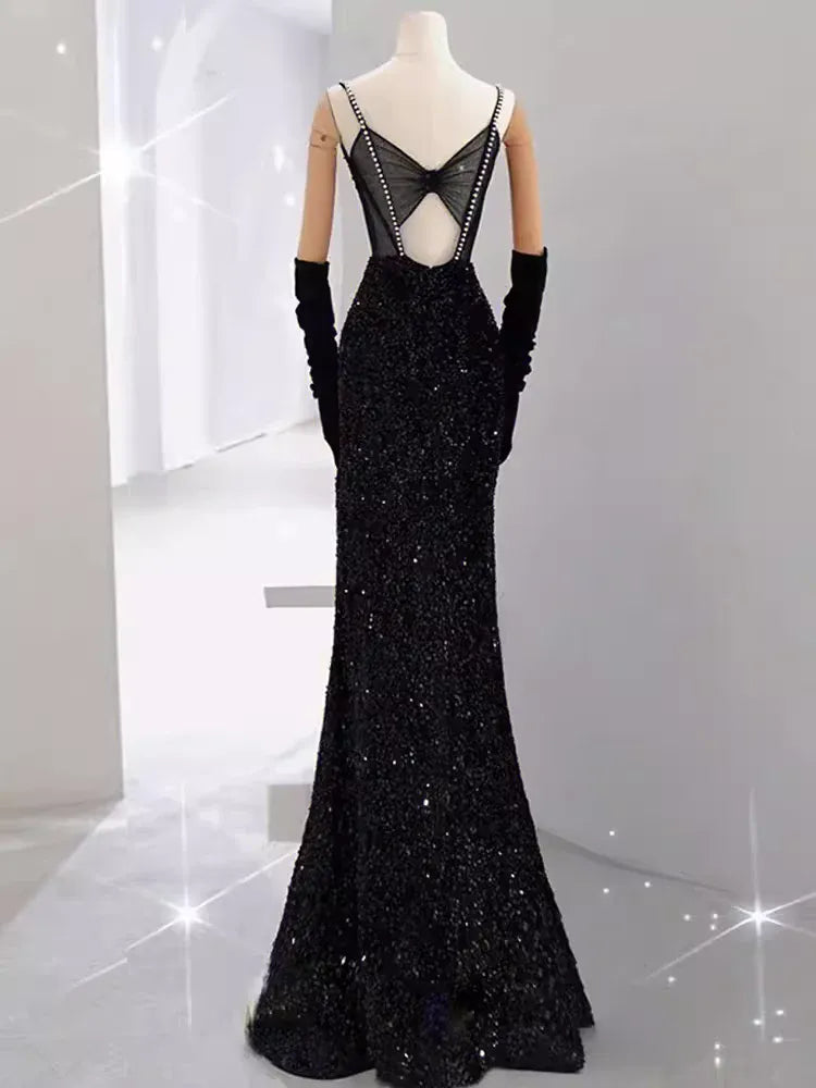 Glamorous Mermaid Sweetheart-Neck Sleeveless Sequin Black Maxi Evening Dress for Women