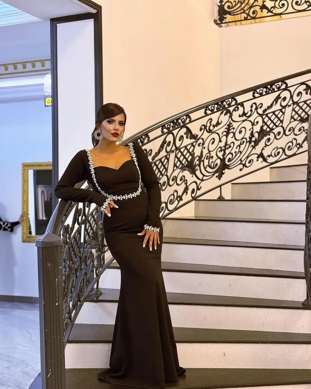 Glamorous Mermaid Sweetheart Long Sleeves Rhinestone Brown Long Prom Dress