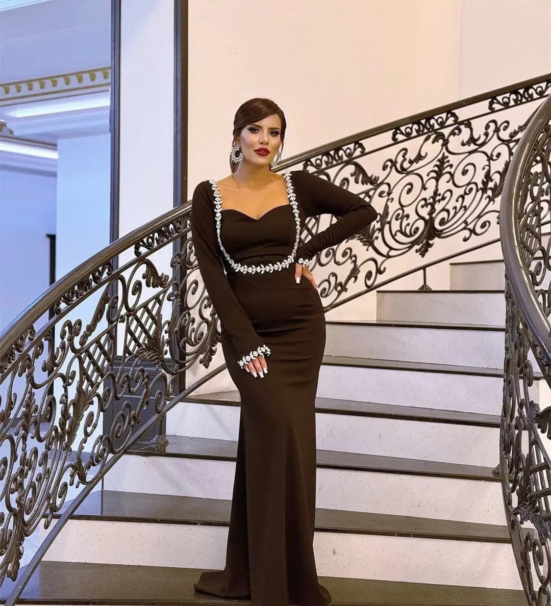 Glamorous Mermaid Sweetheart Long Sleeves Rhinestone Brown Long Prom Dress