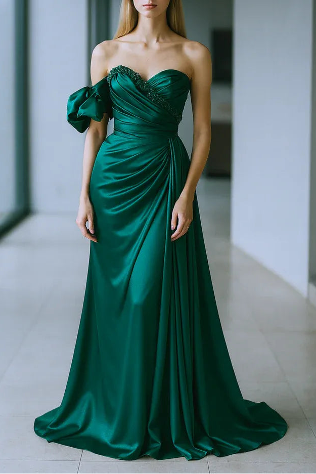 Glamorous Mermaid Sweetheart Neck Beaded Bow Detail Emerald Floor-Length Prom Dresses