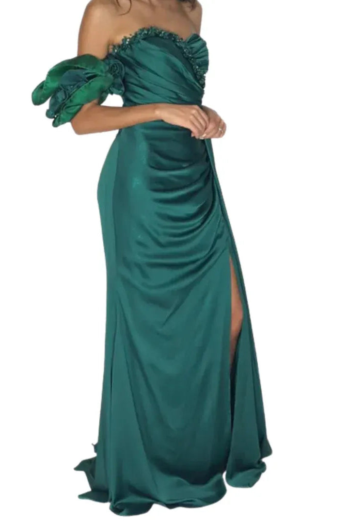 Glamorous Mermaid Sweetheart Neck Beaded Bow Detail Emerald Floor-Length Prom Dresses