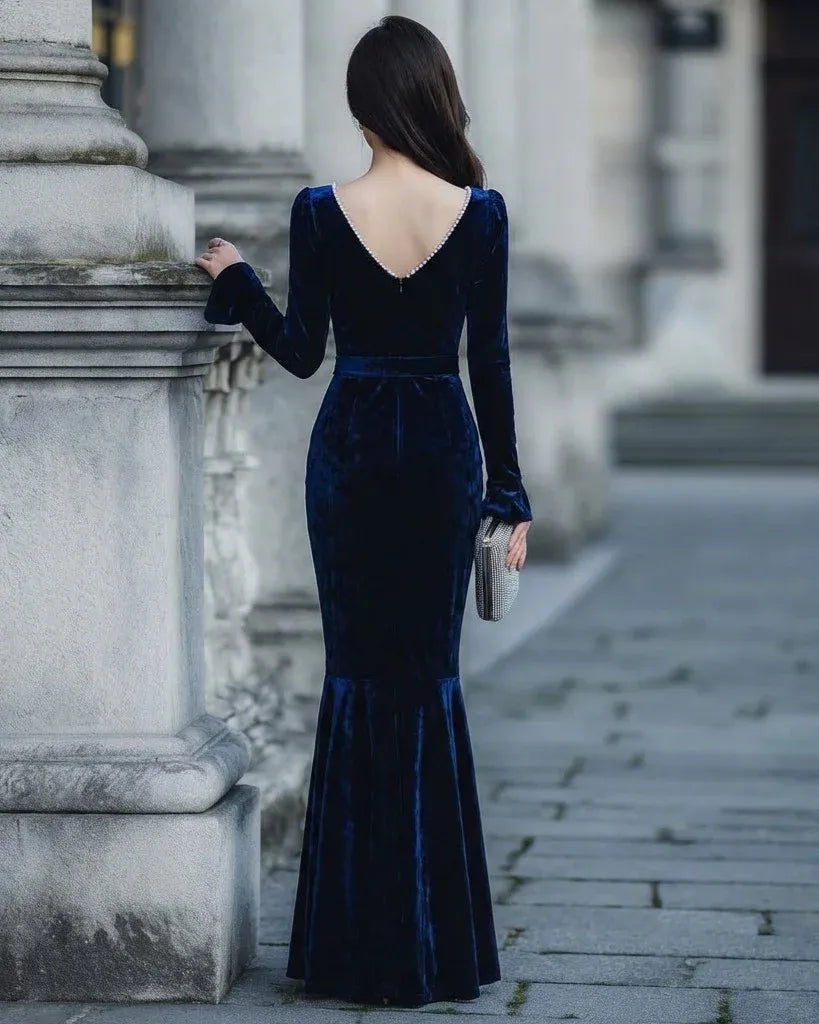 Glamorous Mermaid Sweetheart Neck Beaded Navy Floor-Length Evening Dresses