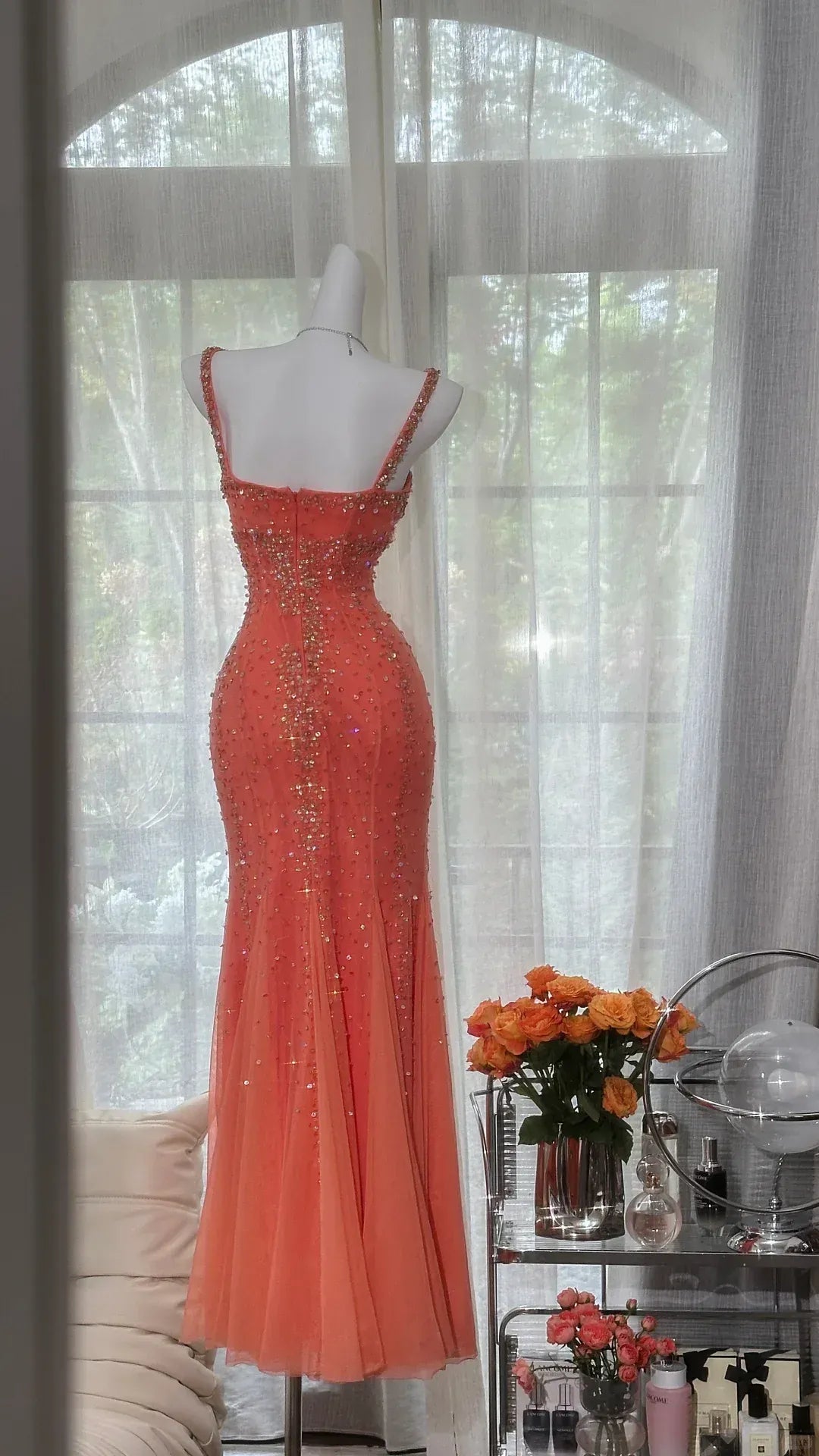 Glamorous Mermaid Sweetheart Neck Sleeveless Beaded Coral Maxi Prom Dress for Women Hot Sale