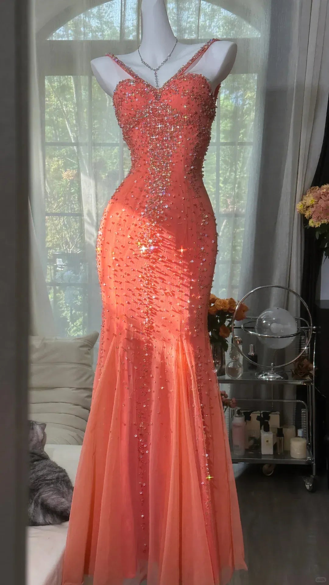 Glamorous Mermaid Sweetheart Neck Sleeveless Beaded Coral Maxi Prom Dress for Women Hot Sale