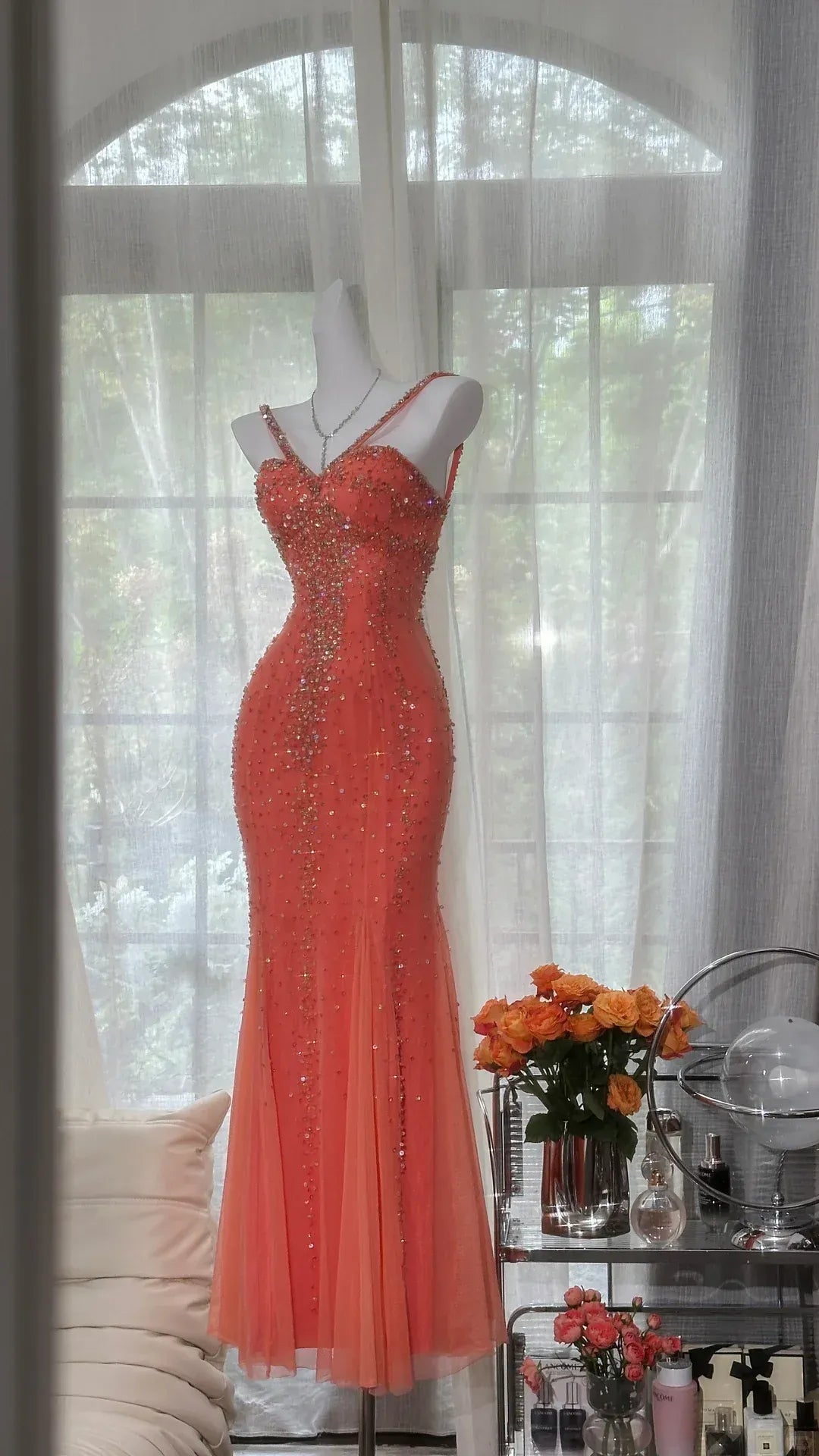 Glamorous Mermaid Sweetheart Neck Sleeveless Beaded Coral Maxi Prom Dress for Women Hot Sale
