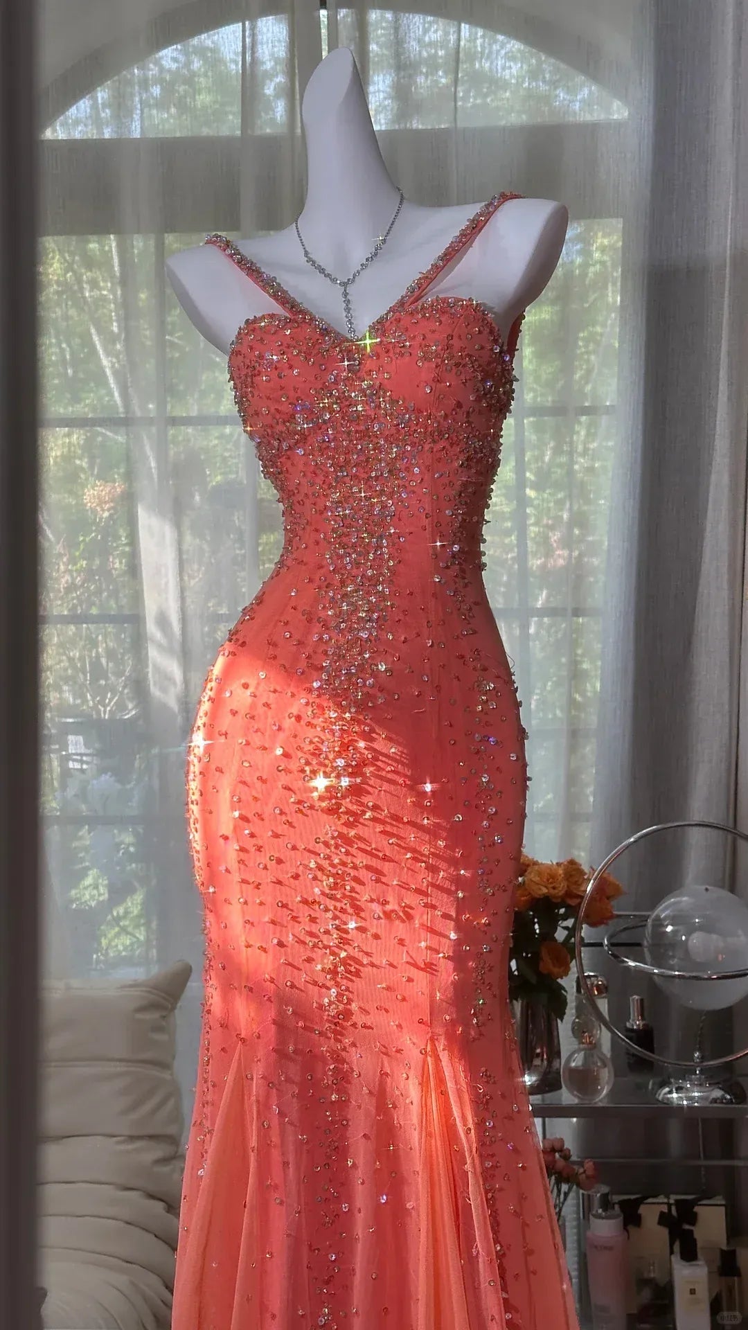 Glamorous Mermaid Sweetheart Neck Sleeveless Beaded Coral Maxi Prom Dress for Women Hot Sale
