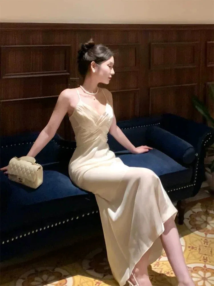 Glamorous Mermaid Sweetheart Neck Sleeveless Cross-Back Ivory Satin Maxi Prom Dress for Women Ready to Ship