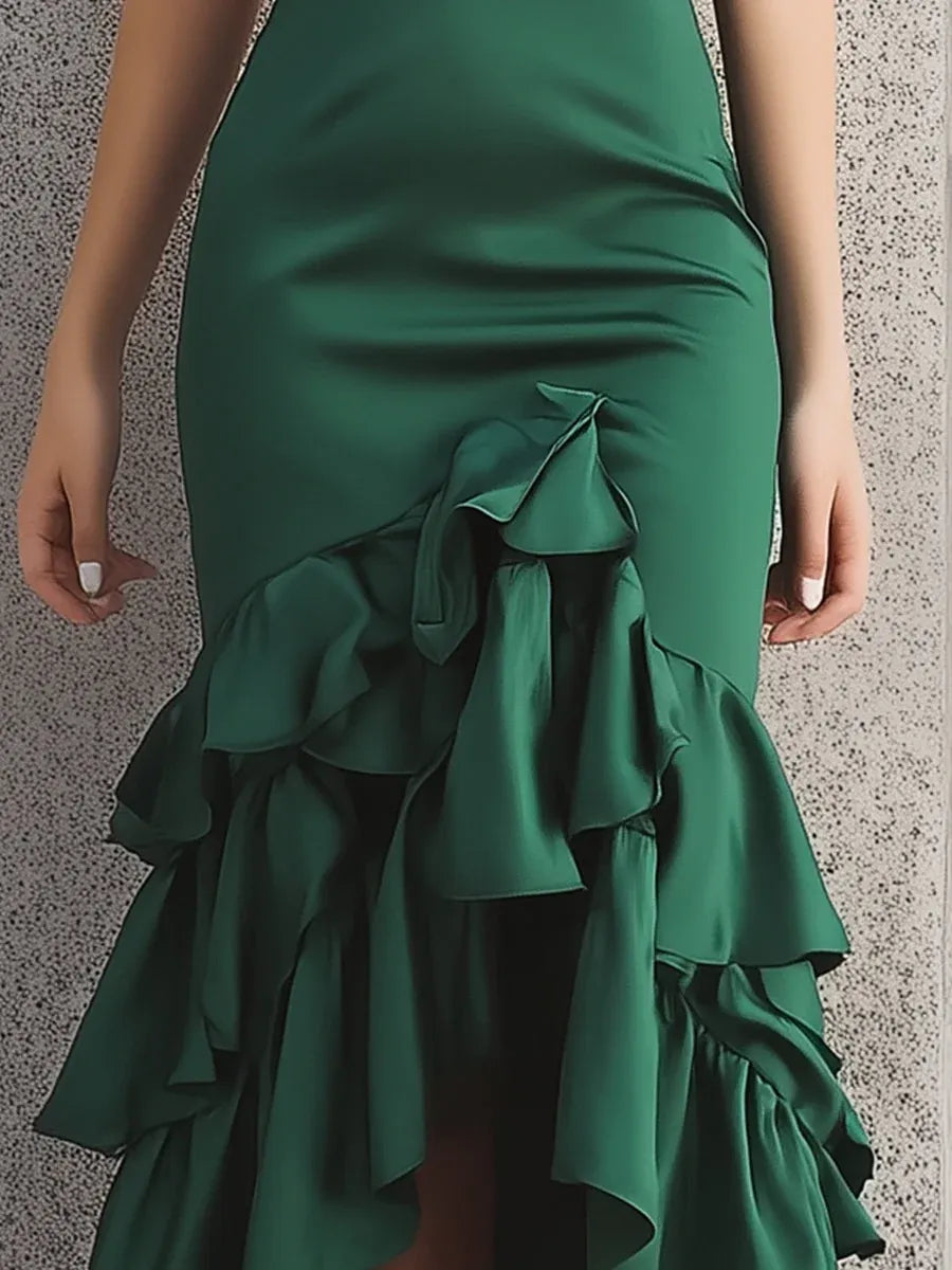 Glamorous Mermaid Sweetheart Neck Spaghetti Strap Ruffled Green Midi Prom Dresses