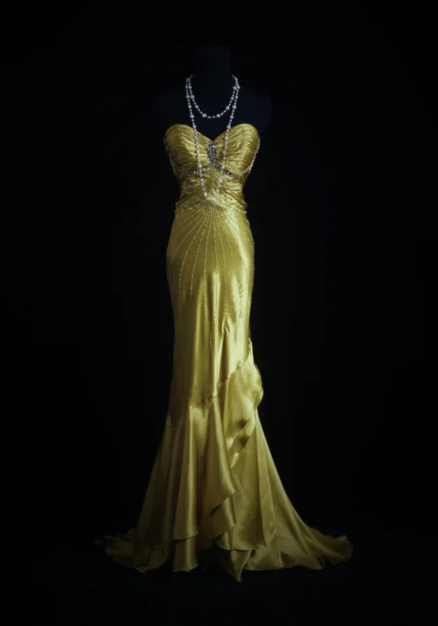 Glamorous Mermaid Sweetheart Sleeveless Beaded Gold Maxi Prom Dress for Women Hot Sale