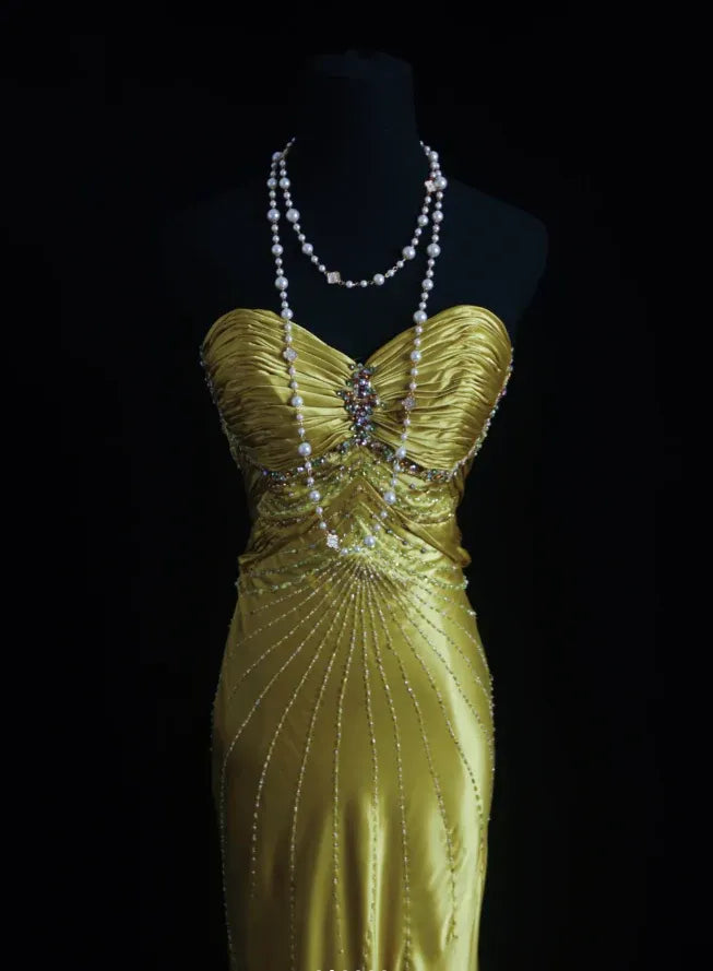 Glamorous Mermaid Sweetheart Sleeveless Beaded Gold Maxi Prom Dress for Women Hot Sale