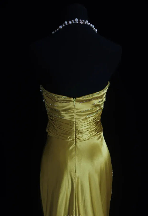 Glamorous Mermaid Sweetheart Sleeveless Beaded Gold Maxi Prom Dress for Women Hot Sale