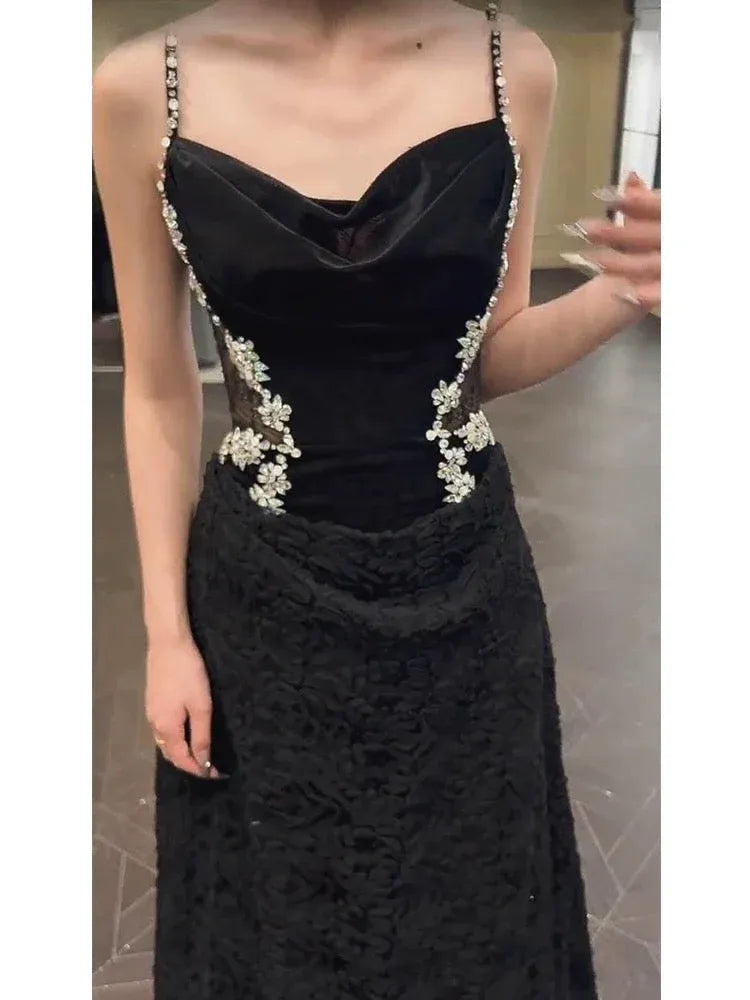 Glamorous Mermaid Sweetheart Sleeveless Crystal-Detail Velvet Black Maxi Prom Dress for Women