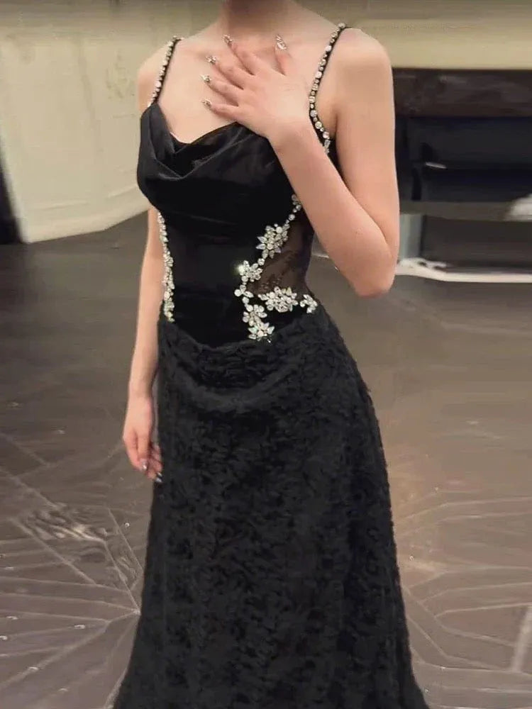 Glamorous Mermaid Sweetheart Sleeveless Crystal-Detail Velvet Black Maxi Prom Dress for Women