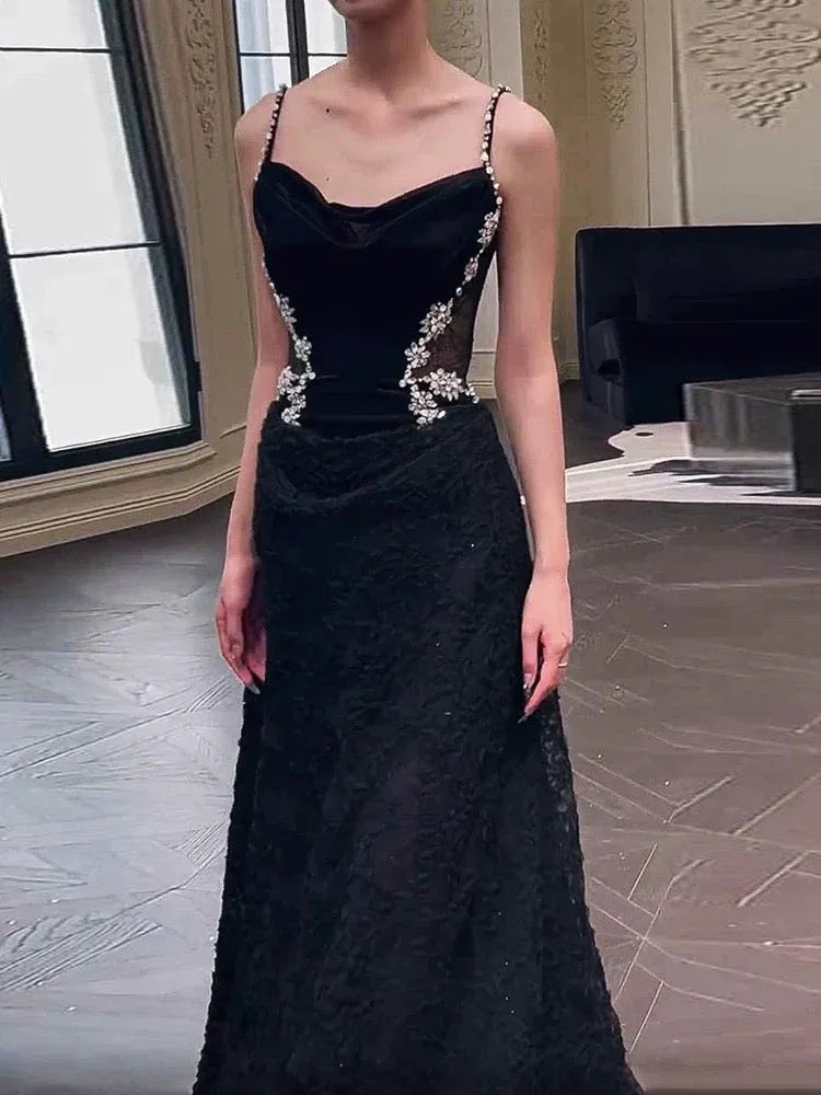 Glamorous Mermaid Sweetheart Sleeveless Crystal-Detail Velvet Black Maxi Prom Dress for Women