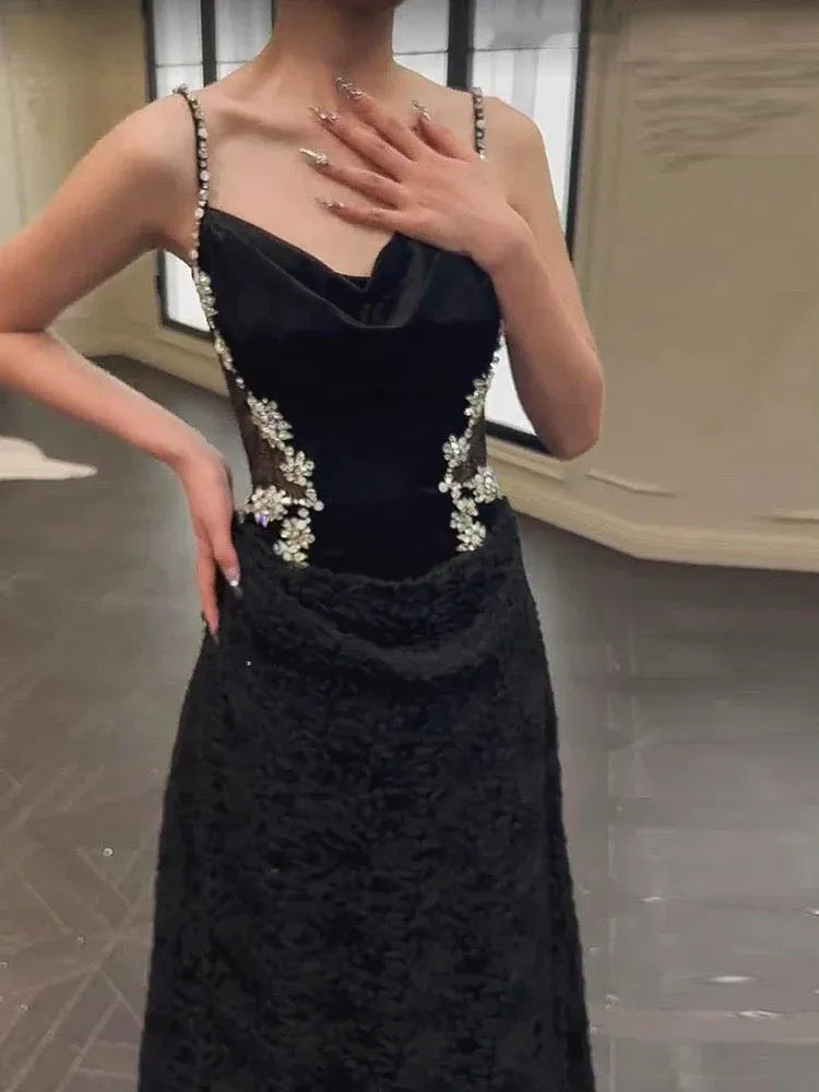 Glamorous Mermaid Sweetheart Sleeveless Crystal-Detail Velvet Black Maxi Prom Dress for Women