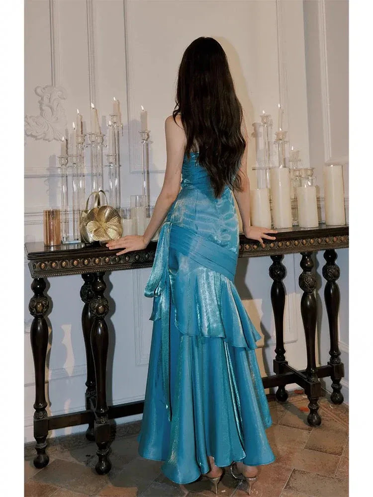 Glamorous Mermaid Sweetheart Sleeveless Ruched Shimmering Blue Maxi Prom Dress for Women Ready to Ship