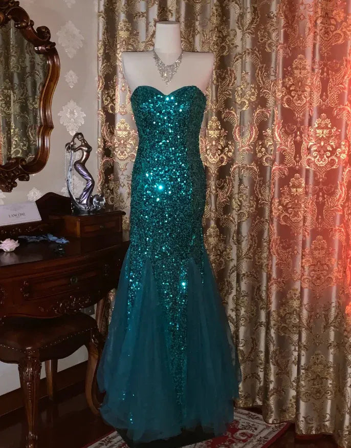 Glamorous Mermaid Sweetheart Sleeveless Sequin Teal Maxi Prom Dress For Women Hot Sale