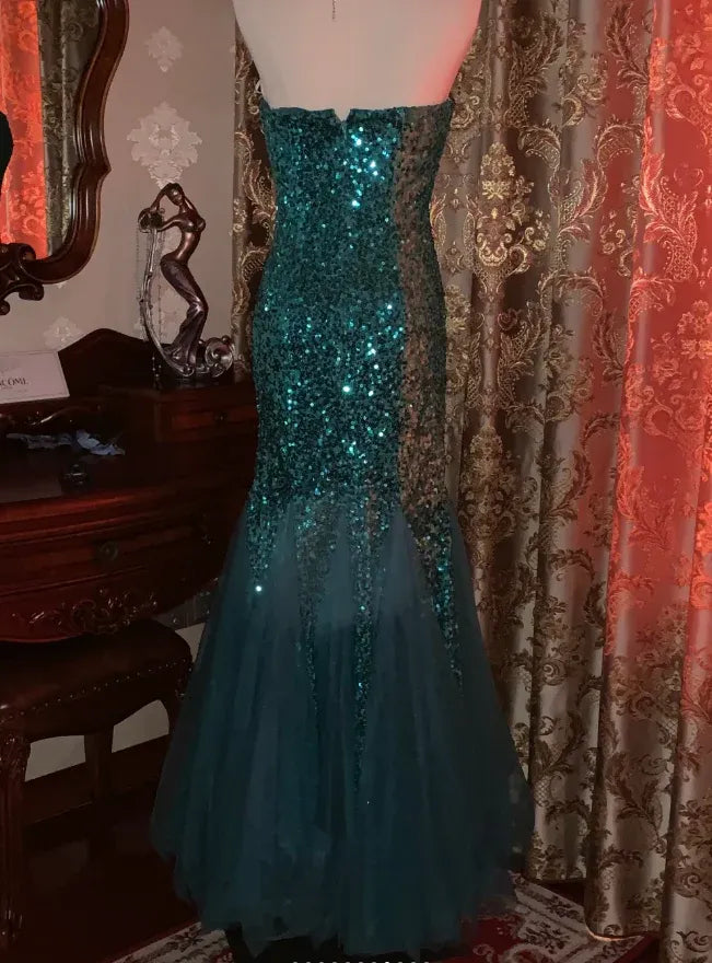 Glamorous Mermaid Sweetheart Sleeveless Sequin Teal Maxi Prom Dress For Women Hot Sale